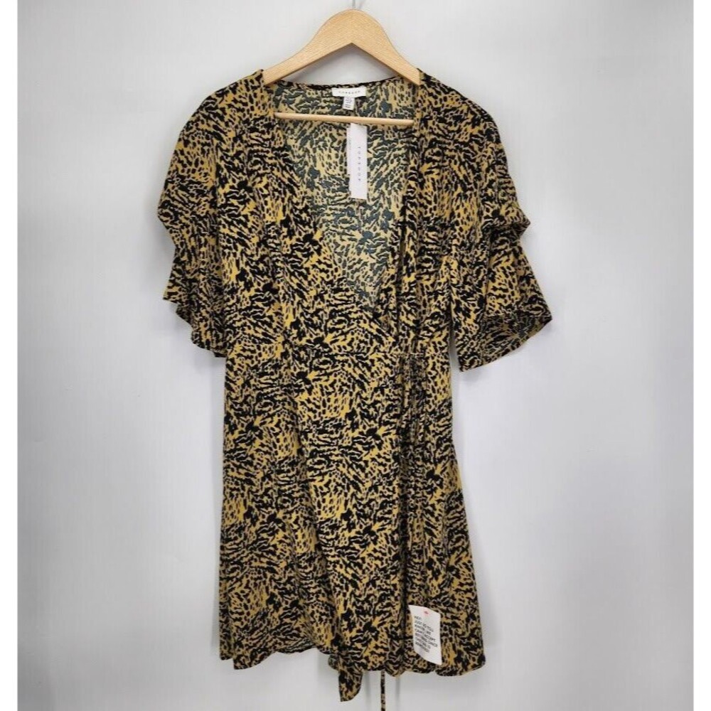 New Topshop Womens Wrap Angel Dress Bell Sleeve Size 8 Animal Print Yellow